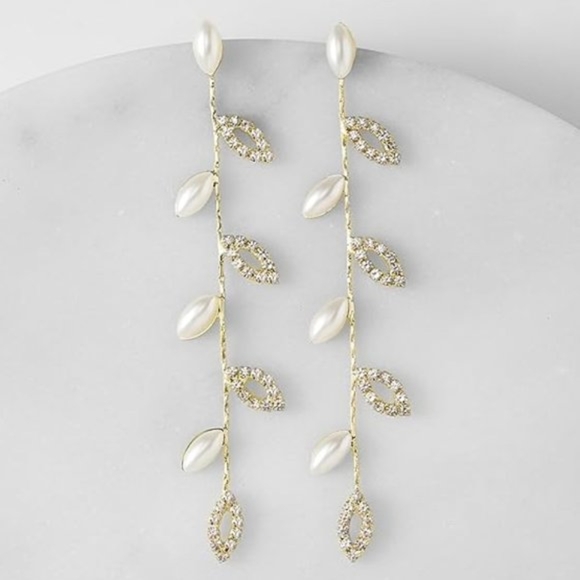 Vine Leaves Rhinestone Pave Crystal Pearl Gold Leaf Earrings Bridal Long Bride - Picture 1 of 6